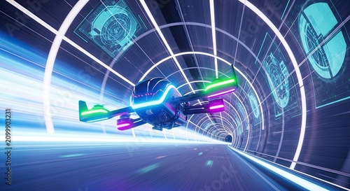 Futuristic Drone Flying Through High Speed Cyber Tunnel