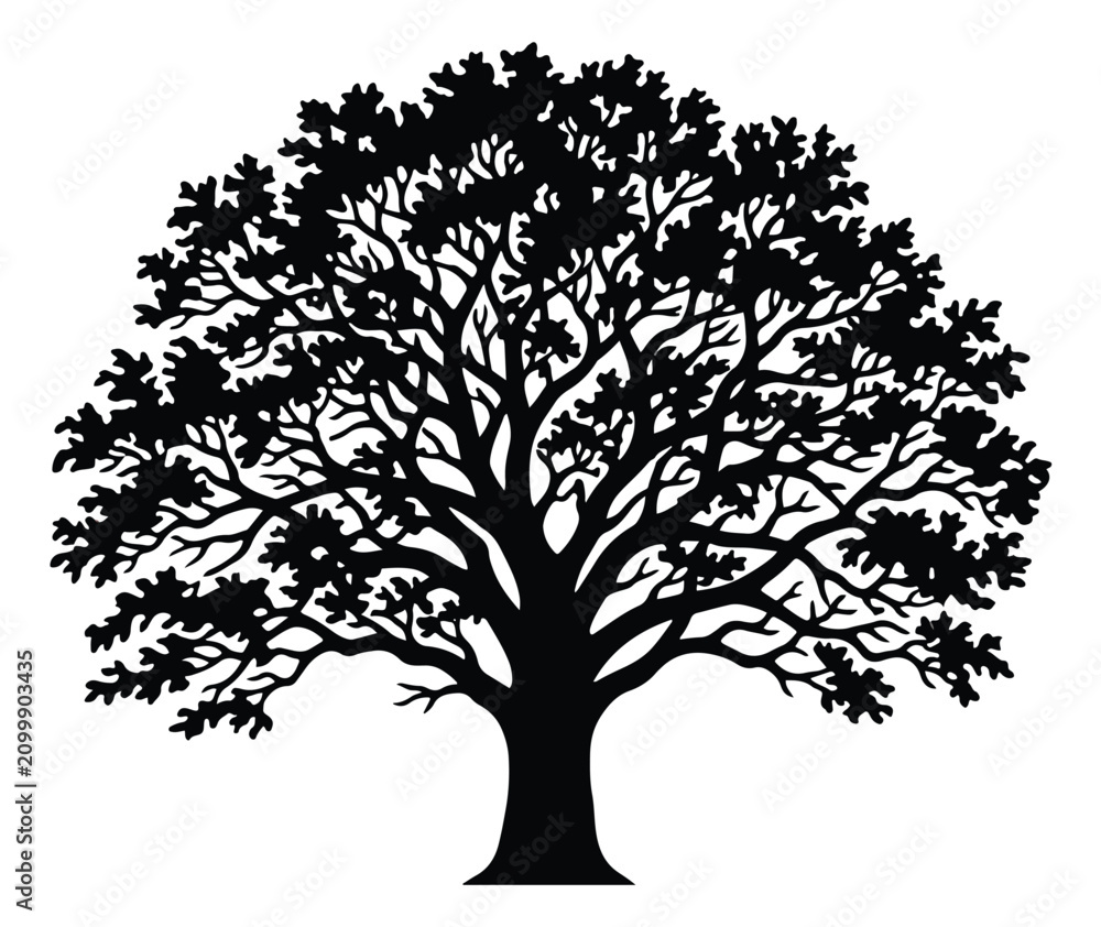 Fototapeta premium Oak tree silhouette with spreading branches, black leaf tree vector icon, majestic old growth tree illustration for landscape design