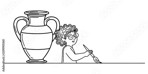 Young artist girl painting a large ancient clay vase with a brush in a simple black and white line art drawing style Vector, illustration