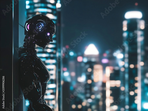 A robot is positioned by a window, observing the city skyline during the night. Tall buildings shine with colorful lights and the scene shows a busy urban environment.