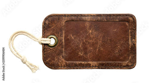 Vintage brown leather luggage tag on transparent background