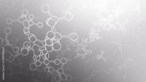 Abstract 3D molecular structures and plexuses rotating in a bright white scientific background