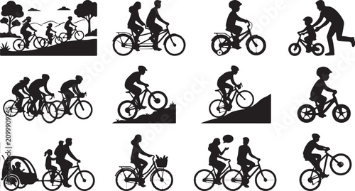 Obraz na płótnie Set of black silhouette depicting various people cycling, including tandem bikes
