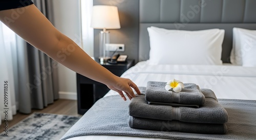 Hotel housekeeper placing flower on fresh towels on neatly made bed