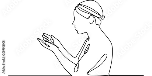 Fotografie Continuous one line drawing of a woman holding her hands together in a gesture o