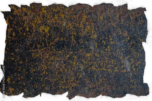 Weathered metal surface displays dark oxidized textures with vibrant yellow rust patches surrounded by rough and torn white paper edges.