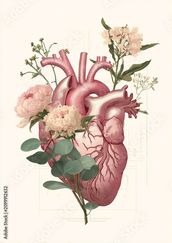 Pink anatomical heart illustration surrounded by peonies and eucalyptus.