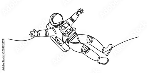 Bild auf Leinwand Continuous single line drawing of an astronaut floating in space with arms and l