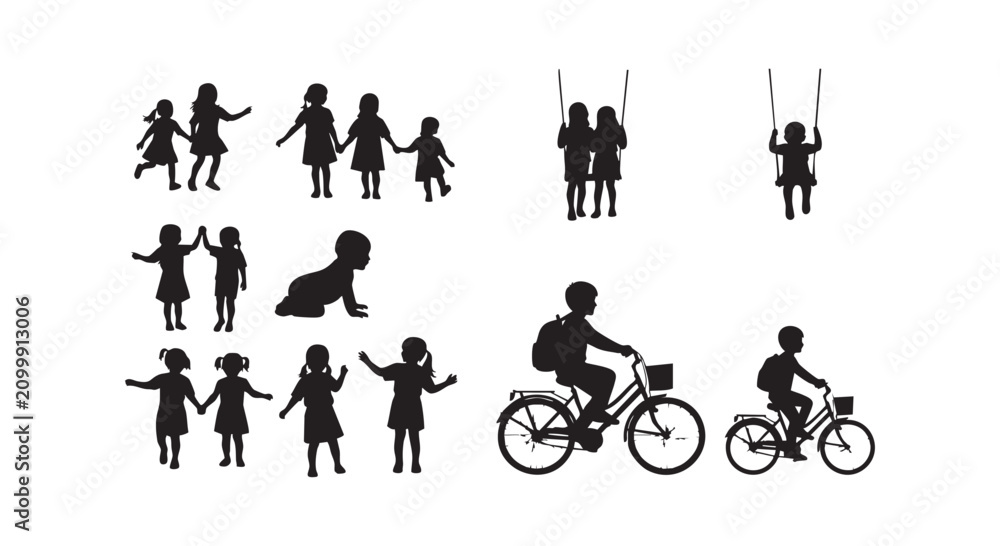 Fototapeta premium Group of children silhouettes showing various activities including biking playing with friends and jumping around.