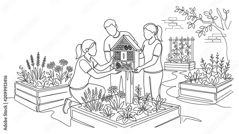 Obraz premium Group of people installing an insect hotel in a community garden