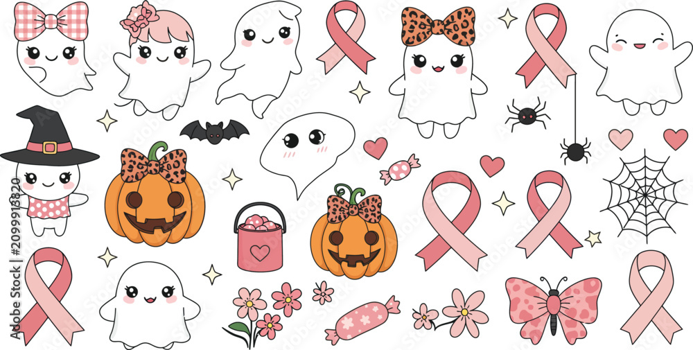 Fototapeta premium A collection of cute hand drawn halloween elements featuring ghosts pumpkins bats and pink breast cancer awareness ribbons on white background