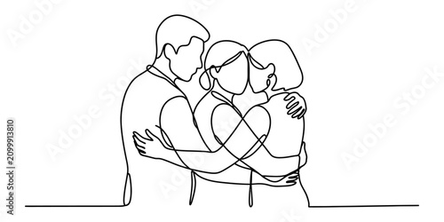Obraz na płótnie Continuous single line drawing of a happy family group of three people hugging e