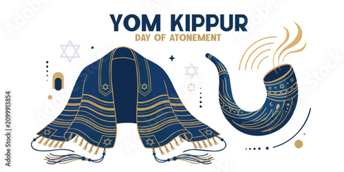 Fotografía Yom Kippur Day of Atonement Greeting Banner with Tallit Prayer Shawl and Shofar