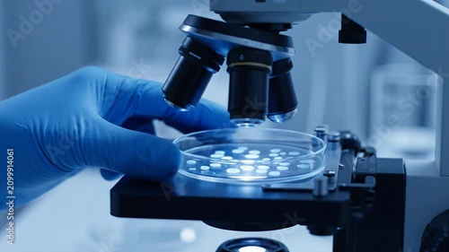 Close-Up Analysis of Petri Dish Samples Using Microscope by Scientist in Blue Gloves in Modern Biotechnology Laboratory Setting