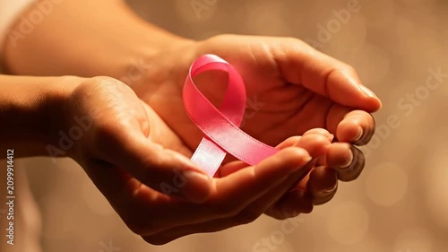 Close-Up Image of Hands Holding a Pink Ribbon Symbolizing Breast Cancer Awareness With Soft Bokeh Background