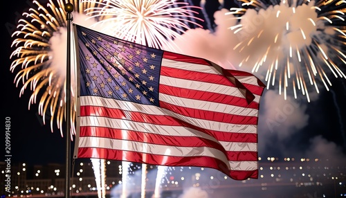 American flag waving proudly against a vibrant fireworks display during Independence Day fourth of July