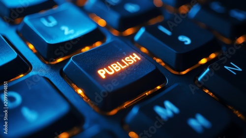 Backlit computer keyboard with glowing orange publish button for digital content creation and professional journalism