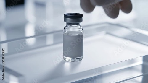 Close-Up Of A Gloved Hand Holding A Small Glass Vial In A Laboratory On A Sterile Surface For Medical And Pharmaceutical Use