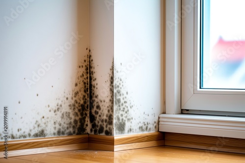 Dangerous black mold growth on indoor white wall corner near window frame in residential house