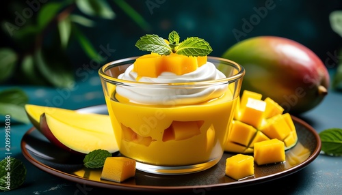 Mango mousse dessert with whipped cream and fresh fruit slices served on a dark plate