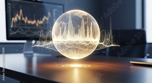 A glowing digital sphere hologram hovers above a desk, displaying complex data and charts on a computer screen in the background.