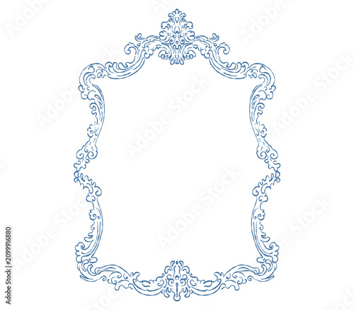 Victorian ornament frame isolated on white background. Floral vintage baroque border. Antique decorative ornate wedding royal line art monogram. Vector hand drawn outline illustration