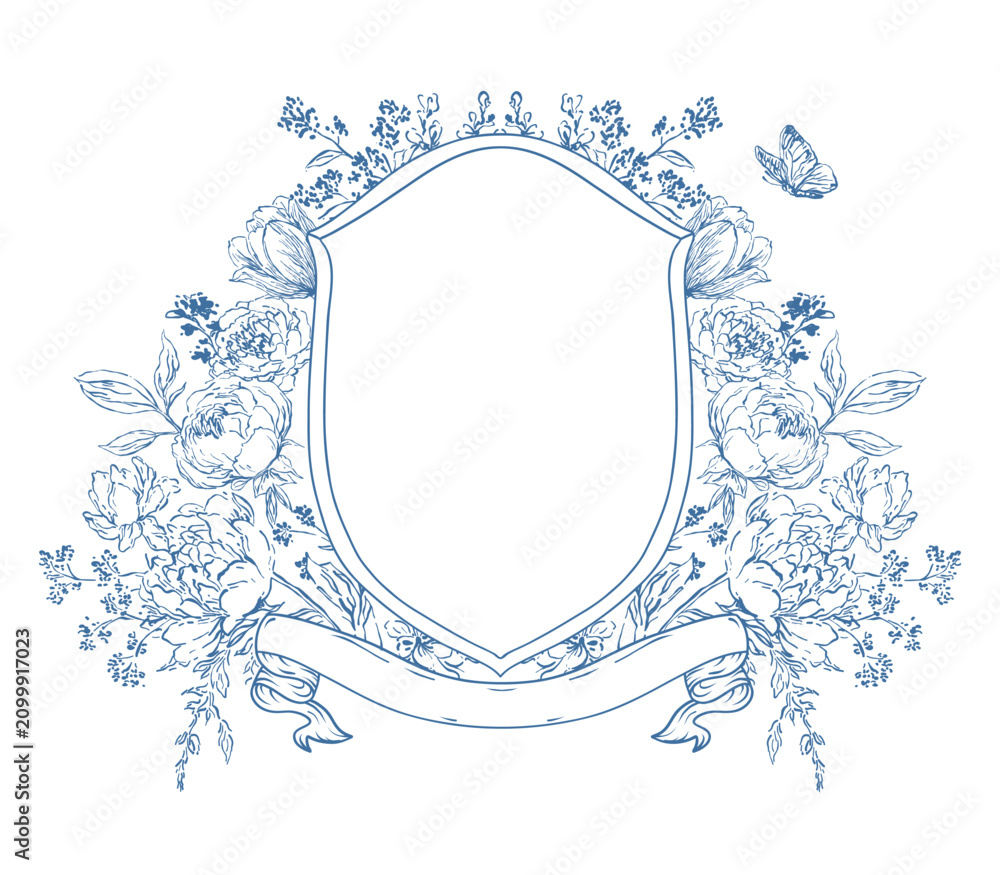 Fototapeta premium Floral crest frame shield. Vintage baroque flower line art wedding monogram. Elegant ornate luxury victorian ornament emblem. Royal botanical wreath. Vector outline illustration