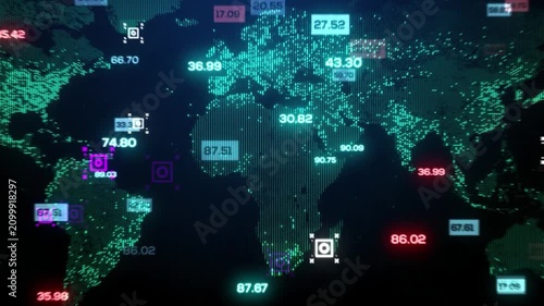 Futuristic Digital World Map with Moving Financial Data and Corporate Network Interface, Abstract Global Technology and Cyber Security Concept Animation.