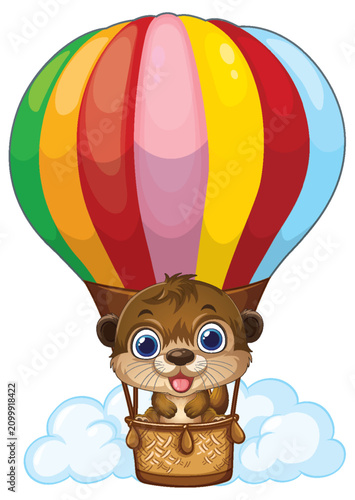 Vector Illustration of a Happy Otter in a Rainbow Hot Air Balloon