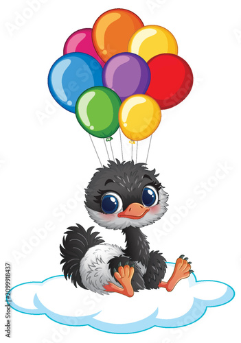 Cute Cartoon Baby Ostrich Floating on a Cloud with Colorful Balloons
