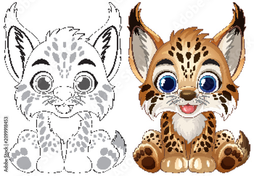 Vector Illustration of a Sitting Baby Lynx with Coloring Page Version