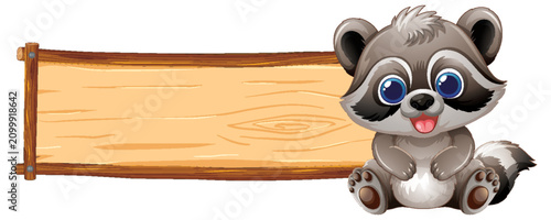 Cute Cartoon Raccoon Sitting Beside Blank Wooden Signboard Illustration