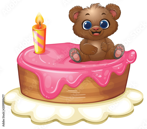 Cute Cartoon Baby Bear Sitting on a Pink Birthday Cake