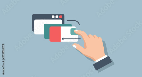 Flat vector illustration of a hand organizing and switching between multiple browser windows or tabs.
