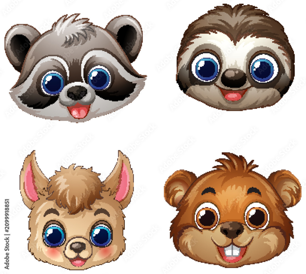 Fototapeta premium Set of Four Cute Cartoon Baby Animal Face Vector Illustrations