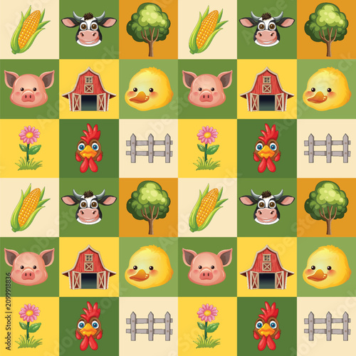 Seamless Cartoon Farm Animal and Agriculture Pattern on Checkered Background