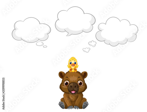 Cartoon Bear and Duckling with Empty Thought Bubbles Vector Illustration