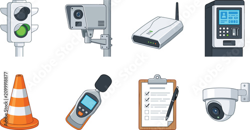Fotografía Smart city traffic and security management vector icon set featuring surveillance cameras, traffic light, router, sound level meter, and parking meter
