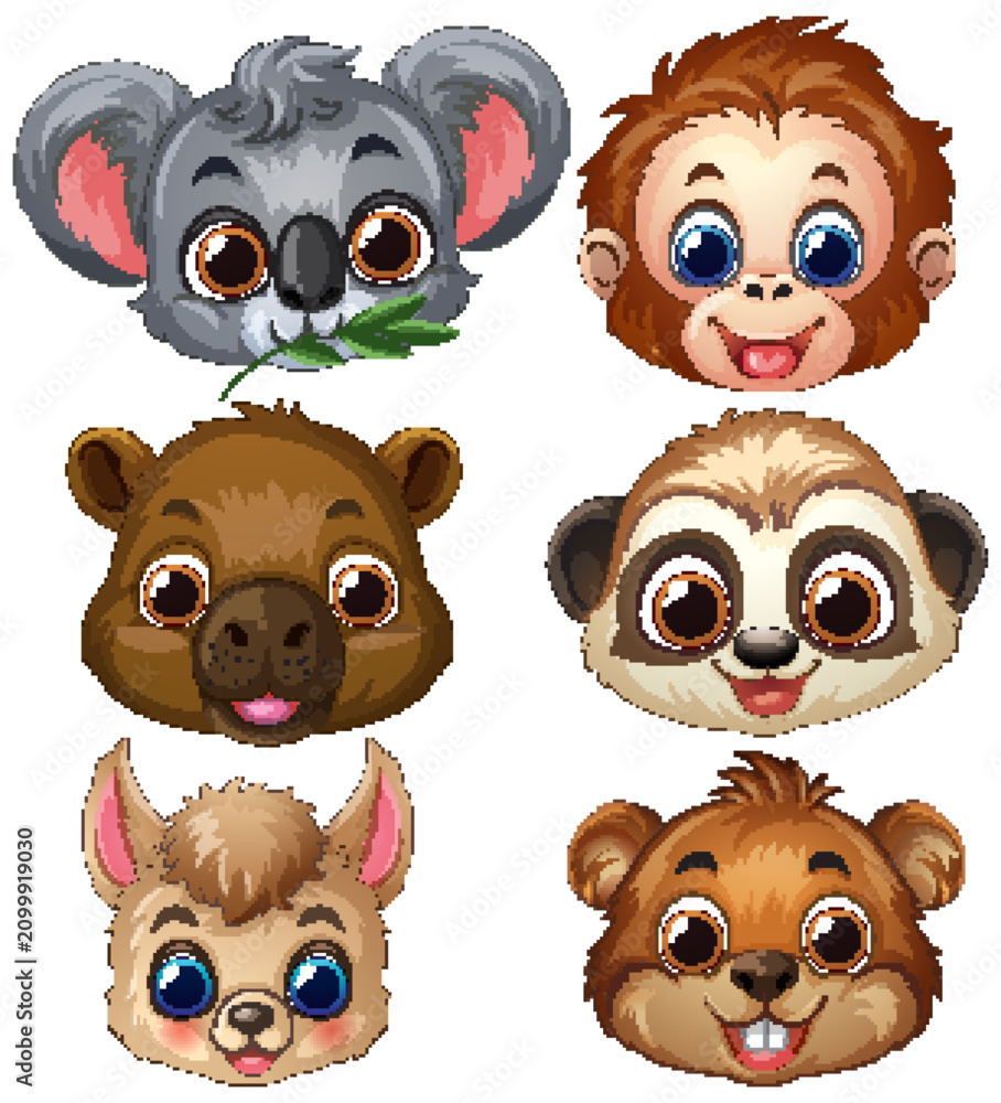 Fototapeta premium Set of Six Cute Cartoon Baby Animal Face Vector Illustrations