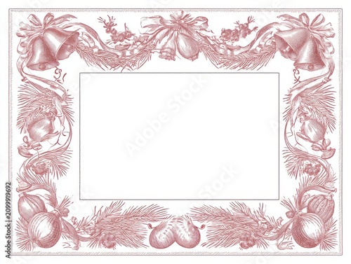 Detailed engraving frame, Christmas garlands with bells, ornaments, and fir branches, large blank rectangular center, muted red ink on white