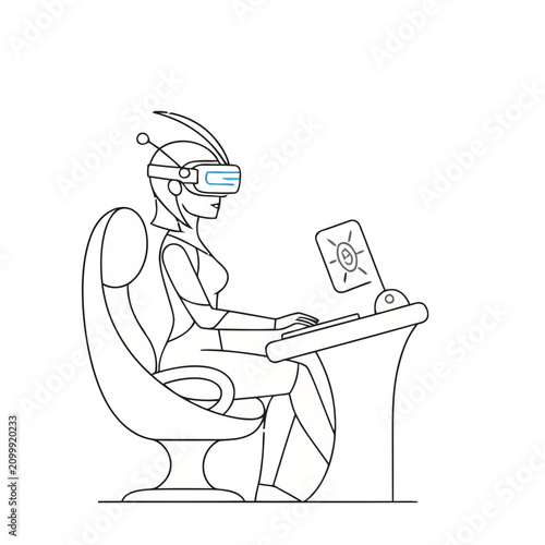 Woman in VR headset using computer