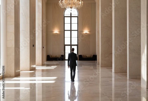 Man in suit walking through a grand marble hallway with chandelier
