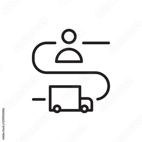 Driver tracking vector icon featuring a courier person symbol with a winding route line and a delivery truck. Representing logistics dispatch, fleet management, and real-time shipment routing.