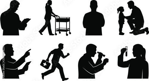 Tableau sur toile Medical Staff and Healthcare Professionals Silhouette Set Featuring Doctors Nurs