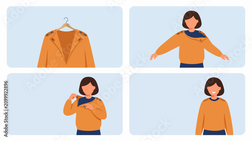 Woman putting on orange sweater.