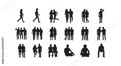 Silhouette group of people in social situations standing walking sitting and interacting in casual daily life.