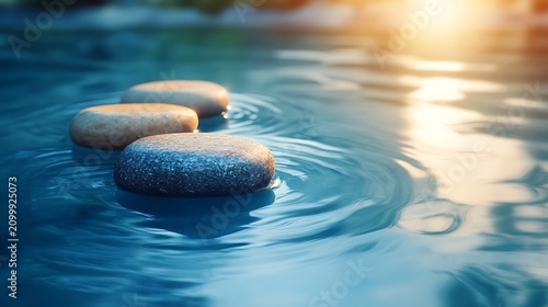 Three balancing stones in serene water at sunset. Zen meditation pebbles floating on calm reflective pond surface.