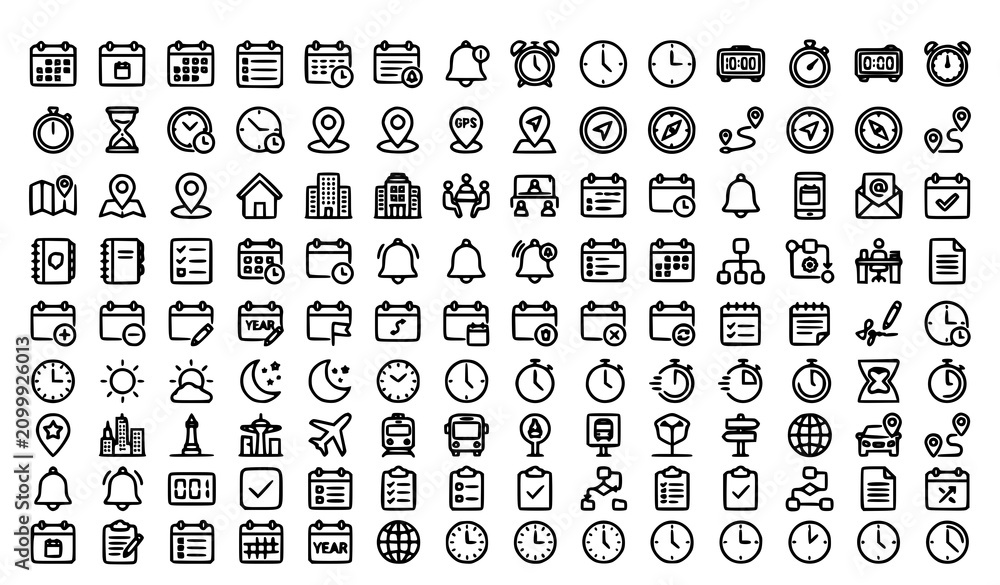 Fototapeta premium Business Date Time Address and Navigation Outline Icons with Calendar Clock and Location Editable Stroke Vector Mega Set