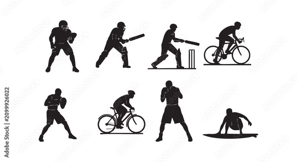 Fototapeta premium Sport silhouette set various athlete figures performing different activities like football boxing cycling and surfing vector.