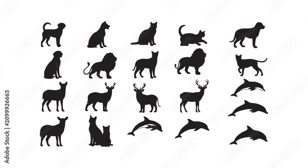 Fototapeta premium Various animal silhouettes collection, featuring dogs, cats, lions, deer, and dolphins, vector illustration on white background.